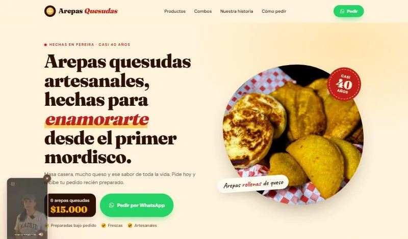 Página de inicio del sitio web de Arepas Quesudas