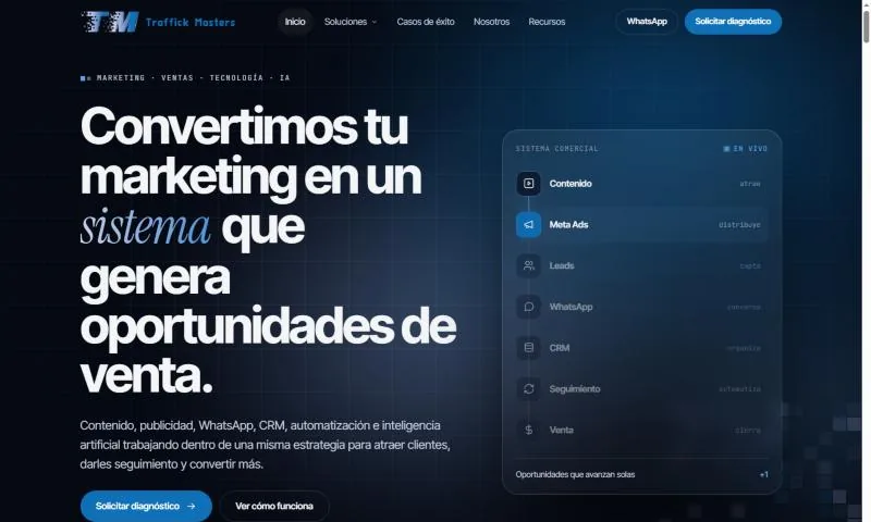 Página de inicio del sitio web de Traffick Masters